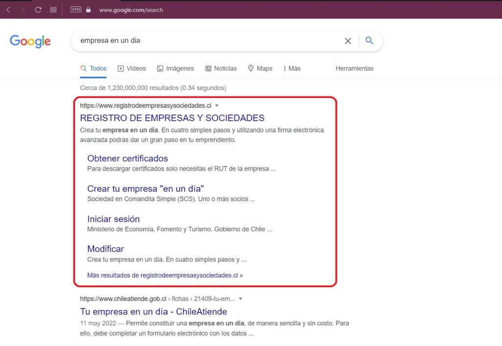 El primer paso, buscar la página de empresa en un día o registro de empresas y sociedades